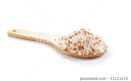 Wooden spoon with wild rice over rice background 31221233