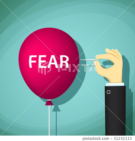 Man bursts a balloon with the word fear. Man bursts a balloon with the word fear. 31232113