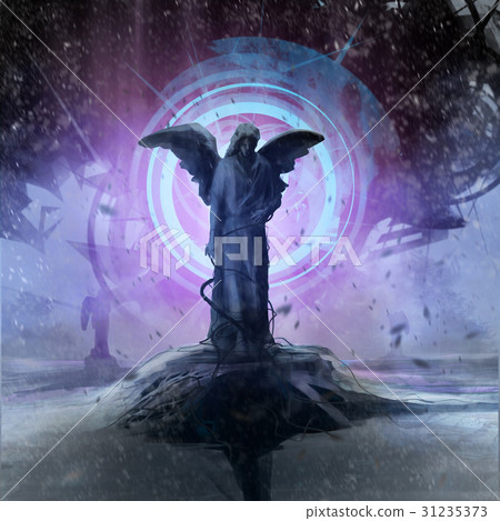 Alien robot ship lightning statue artwork. 31235373