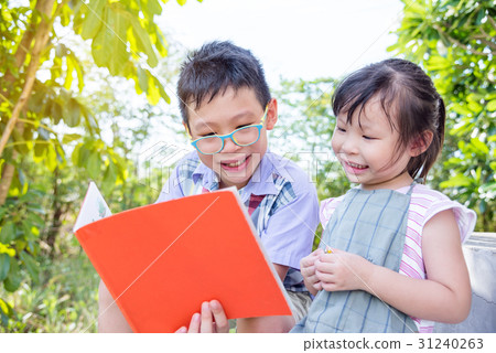 Young boy reading a story to his sister in park 31240263