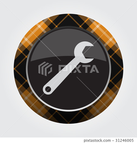button with orange, black tartan - spanner icon 31246005