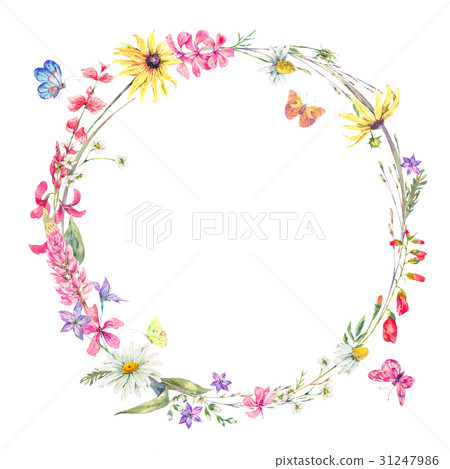 Watercolor round frame with wildflowers 31247986