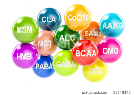 Set of amino acids. AAKG, ALC, BCAA, CLA, CoQ10 Set of amino acids. AAKG, ALC, BCAA, CLA, CoQ10 31249342