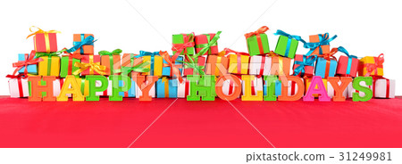 Happy holidays colorful text and varicolored gifts 31249981