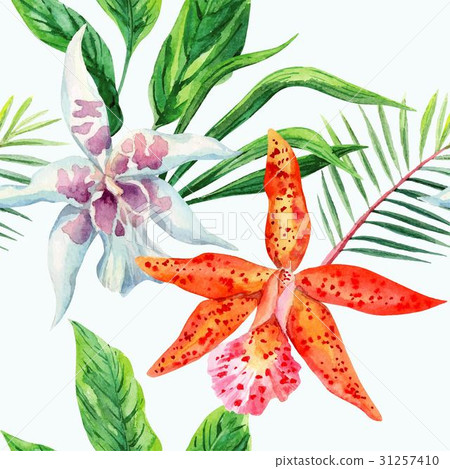 orange and white orchid palm leaves watercolor 31257410