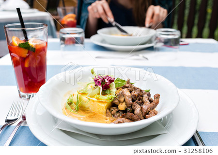 Roasted meat and vegetables. goulash and potato 31258106