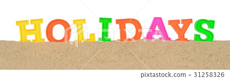Holidays letters on a beach sand on a white Holidays letters on a beach sand on a white 31258326