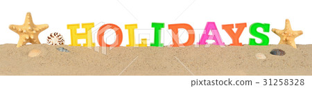 Holidays letters on a beach sand on a white Holidays letters on a beach sand on a white 31258328