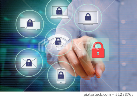 Businessman pressing red security lock button. 31258763