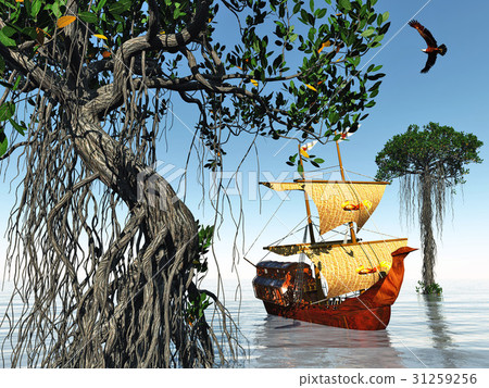 Pirate ship at magical evening on the ocean 3d Pirate ship at magical evening on the ocean 3d 31259256