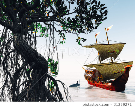 Pirate ship at magical evening on the ocean 3d 31259271