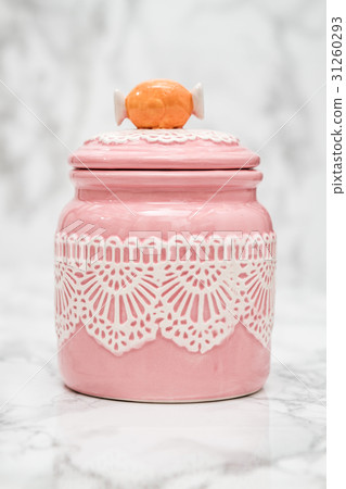 Pink Round Porcelain Jar with Lace Pattern Pink Round Porcelain Jar with Lace Pattern 31260293