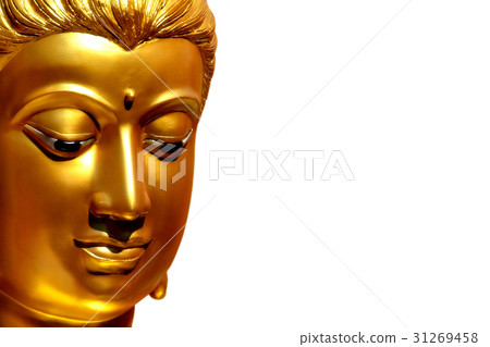 The golden face of the old Buddha statue isolated The golden face of the old Buddha statue isolated 31269458