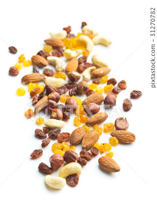 Various nuts and raisins. 31270782