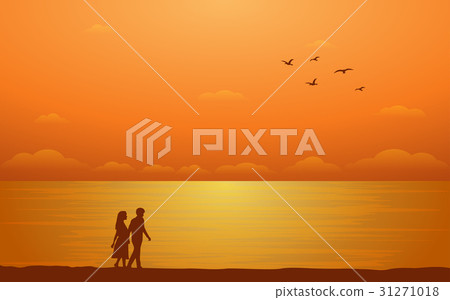 Silhouette walking couple on beach and sunset sky 31271018