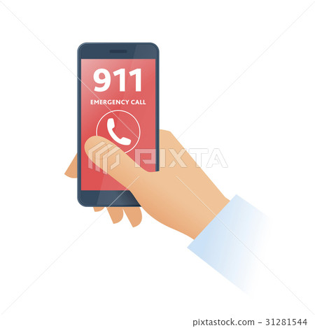 A hand dials 911 number on the phone.  31281544