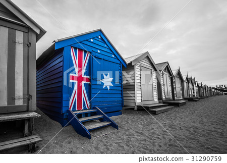 Australia flag on a beach hut. A bathing beach box painted with Australia flag on a beach hut. A bathing beach box painted with 31290759