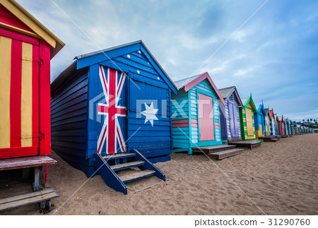 Brighton beach bathing boxes, Melbourne. Brighton beach located Brighton beach bathing boxes, Melbourne. Brighton beach located 31290760