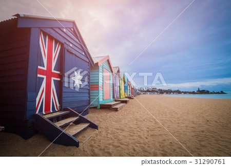 Brighton beach bathing boxes, Melbourne. Brighton beach located Brighton beach bathing boxes, Melbourne. Brighton beach located 31290761