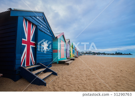 Brighton beach bathing boxes, Melbourne. Brighton beach located Brighton beach bathing boxes, Melbourne. Brighton beach located 31290763