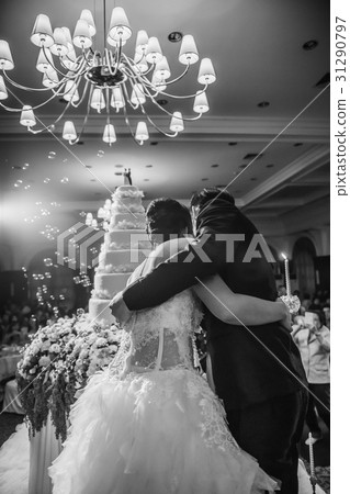 Bride and groom are cutting cake for celebration on their weddin Bride and groom are cutting cake for celebration on their weddin 31290797