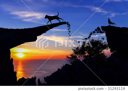 New year 2018,Dog and rooster on the bridge. New year 2018,Dog and rooster on the bridge. 31293119