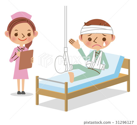 Male patients and nurses who are hospitalized by broken legs 31296127