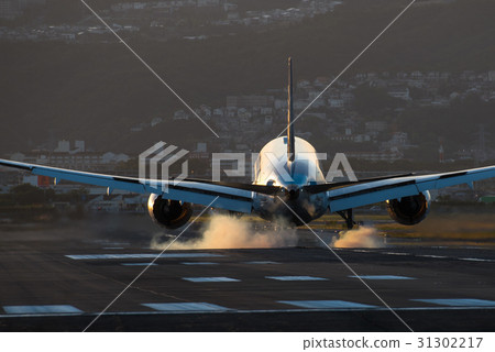 Dusk arrival flight Boeing 787 tire smoke 31302217