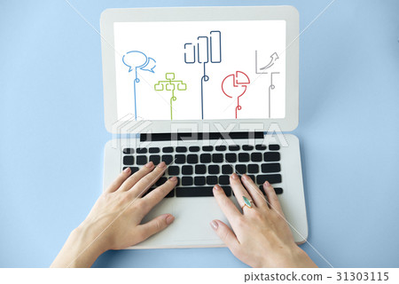 Hands working on laptop network graphic overlay 31303115