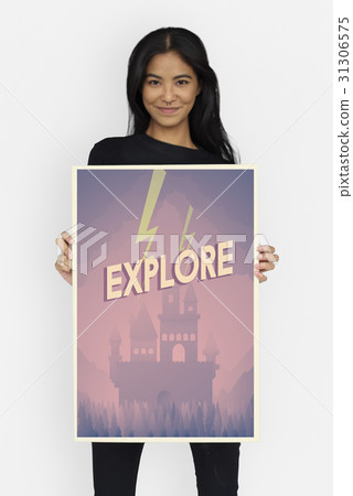 Woman holding network graphic overlay banner 31306575