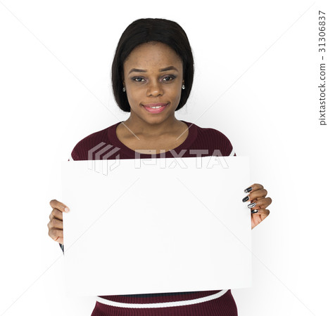Woman Holding Board Banner Advertising Woman Holding Board Banner Advertising 31306837
