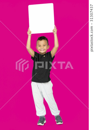 Little Boy Holding Blank Empty Paper Board Studio Portrait Little Boy Holding Blank Empty Paper Board Studio Portrait 31307437