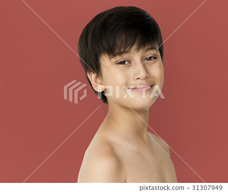 Little Boy Smiling Face Expression Topless Studio Portrait Little Boy Smiling Face Expression Topless Studio Portrait 31307949