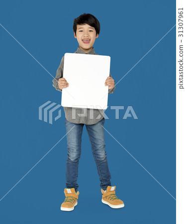 Little Boy Holding Blank Paper Board Studio Portrait Little Boy Holding Blank Paper Board Studio Portrait 31307961