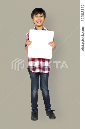 Little Boy Holding Blank Paper Board Studio Portrait 31308152