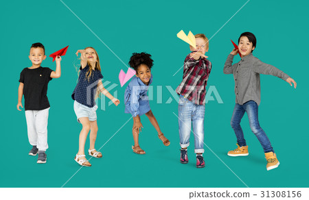 Diverse Group Of Kids Launching Paper Plane 31308156