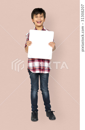 Little Boy Holding Blank Paper Board Studio Portrait 31308207