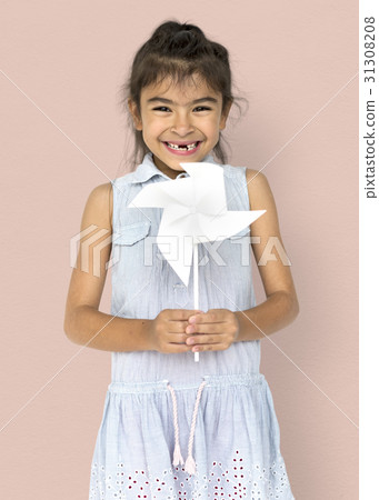 Little Girl Hands Holding Paper Wind Mill Studio Portrait 31308208