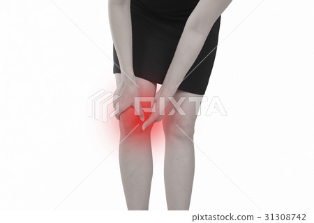 Woman with knee pain isolated on white background. 31308742