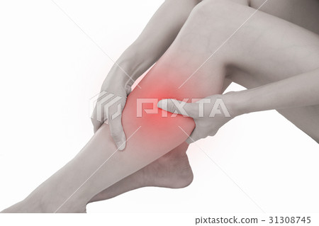 Woman with calf feeling pain on white background. 31308745