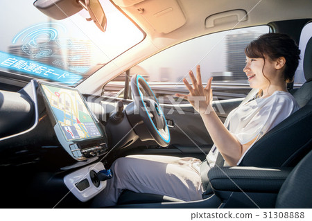 A woman riding in an automatic driving car A woman riding in an automatic driving car 31308888