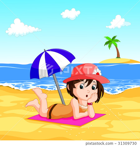 Illustration of a lady enjoying summer at the beac 31309730
