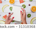 Top view of girl's hands, placed on white desktop 31310368