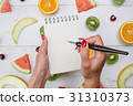 Top view of girl's hands, placed on white desktop 31310373