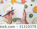 Top view of girl's hands, placed on white desktop 31310378