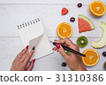Top view of girl's hands, placed on white desktop 31310386
