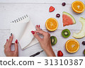 Top view of girl's hands, placed on white desktop 31310387
