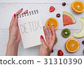 Top view of girl's hands, placed on white desktop 31310390