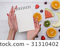 Top view of girl's hands, placed on white desktop 31310402