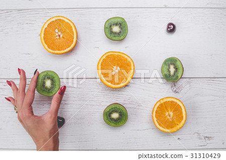 Top view of girl's hands, placed on white desktop Top view of girl's hands, placed on white desktop 31310429